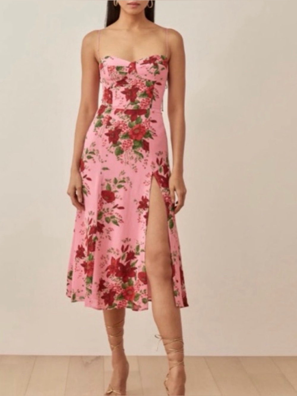 Reformation Juliette Dress Valeria Pink Red Rose Floral Midi Dress Slit 12